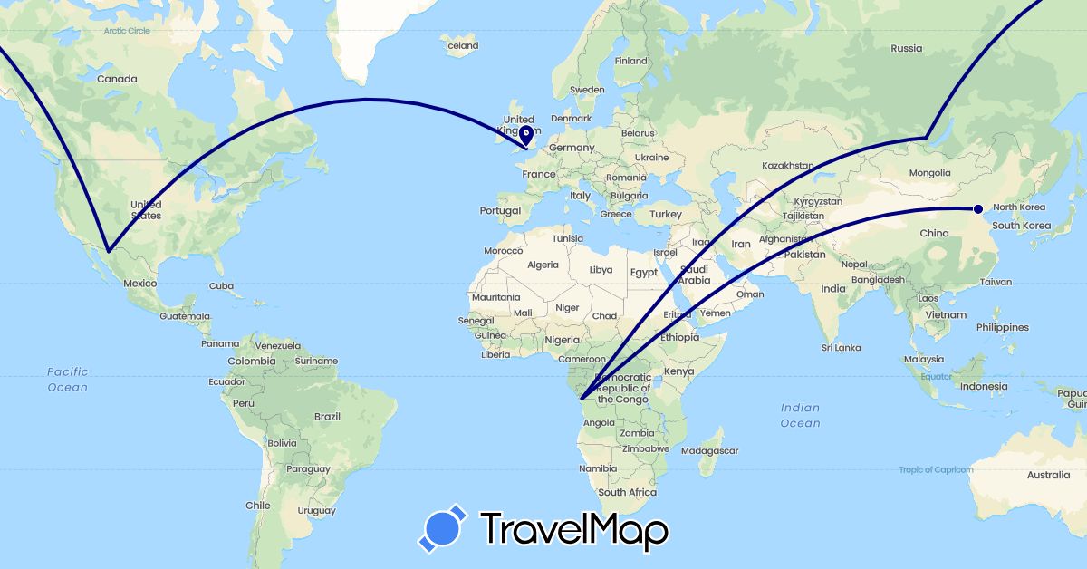 TravelMap itinerary: driving in Democratic Republic of the Congo, China, United Kingdom, Mexico, Russia (Africa, Asia, Europe, North America)